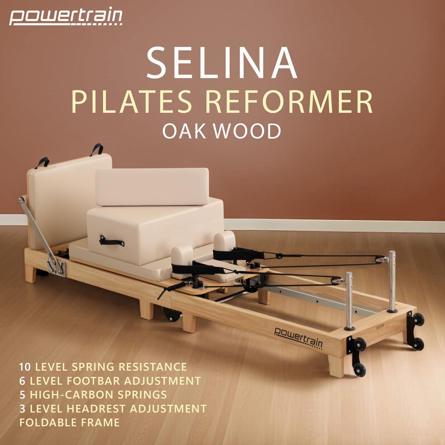 Powertrain Fitness Selina Folding Wooden Pilates Reformer in Beige with Jumpboard & Sitting Box Oak Home Gym Equipment