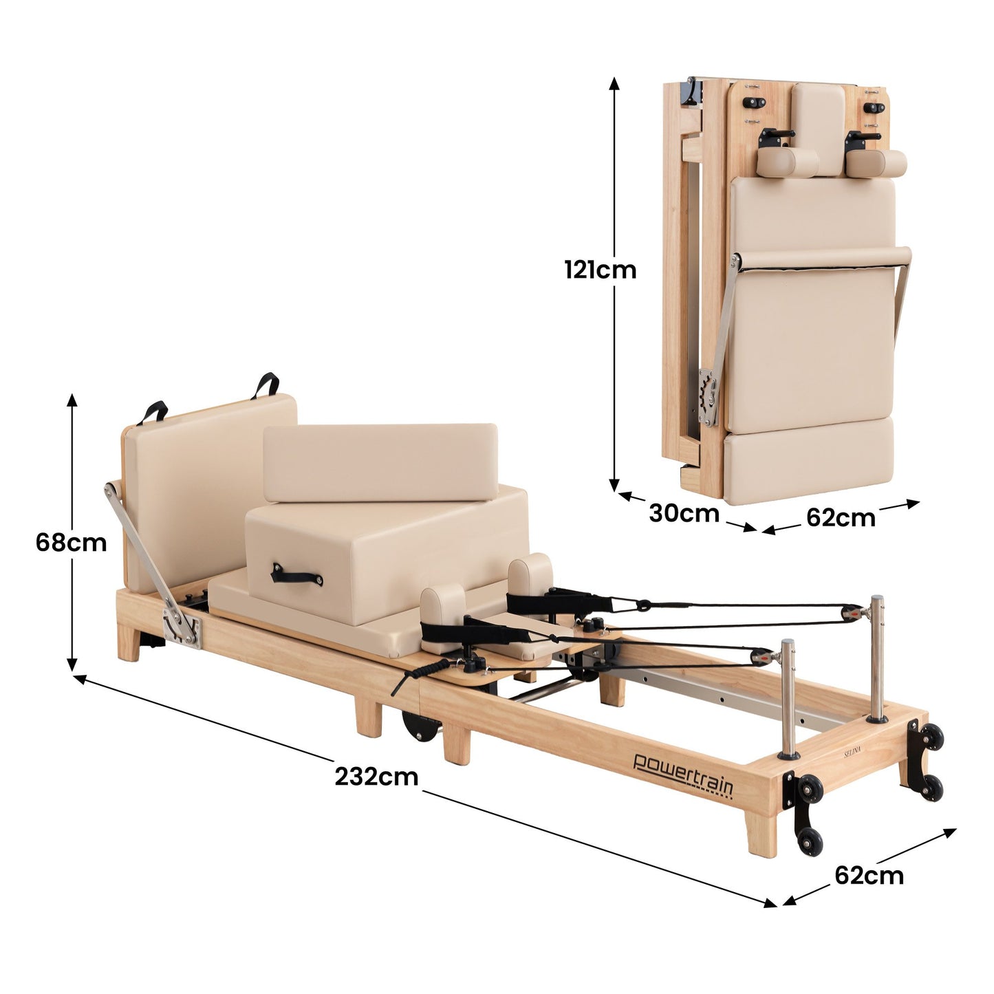 Powertrain Fitness Selina Folding Wooden Pilates Reformer in Beige with Jumpboard & Sitting Box Oak Home Gym Equipment