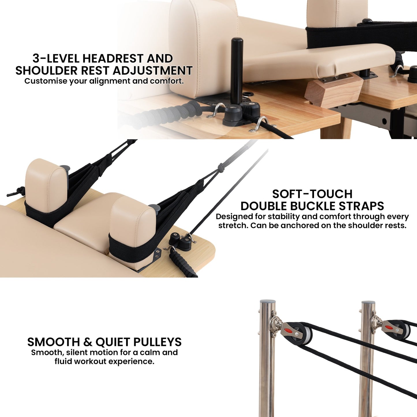 Powertrain Fitness Selina Folding Wooden Pilates Reformer in Beige with Jumpboard & Sitting Box Oak Home Gym Equipment