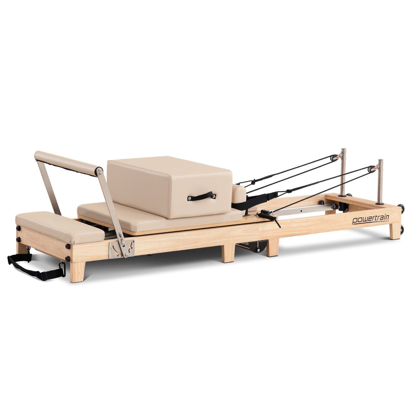 Powertrain Fitness Selina Folding Wooden Pilates Reformer in Beige with Jumpboard & Sitting Box Oak Home Gym Equipment