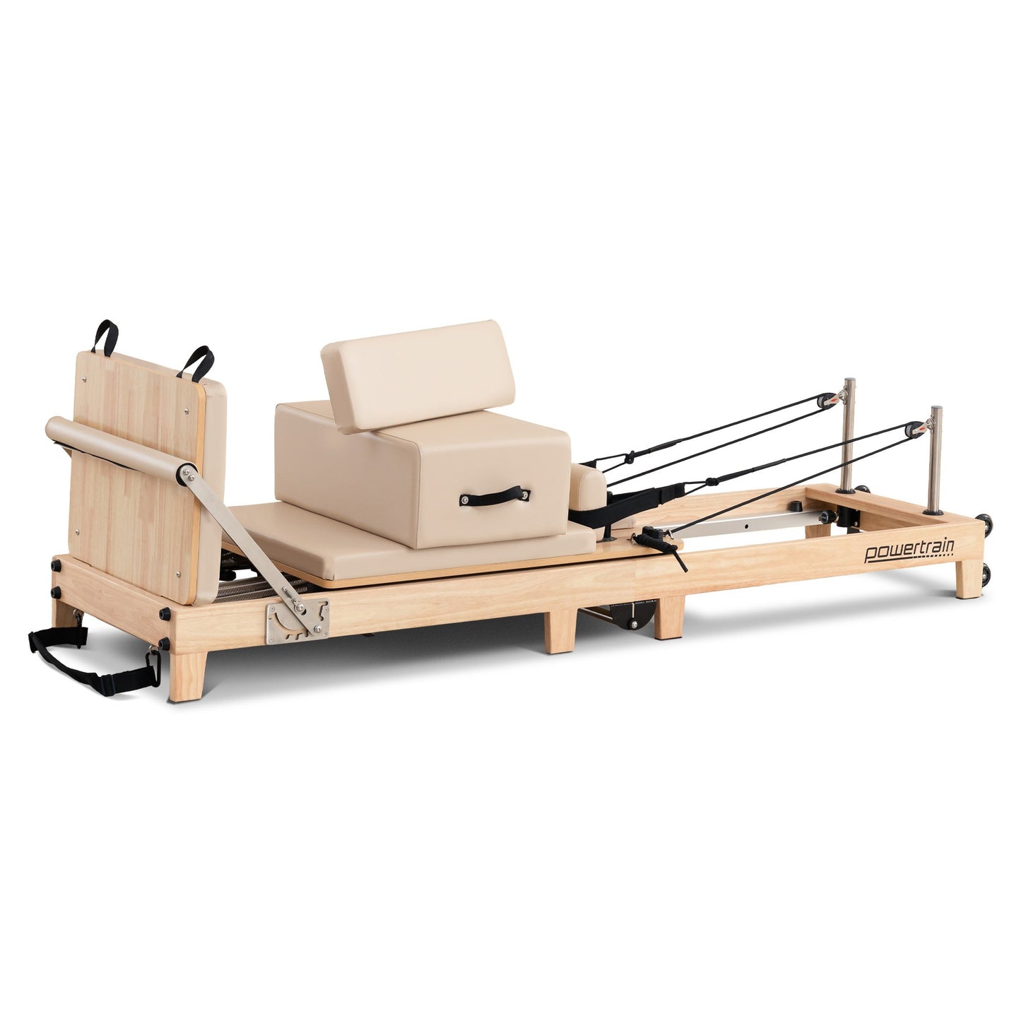Powertrain Fitness Selina Folding Wooden Pilates Reformer in Beige with Jumpboard & Sitting Box Oak Home Gym Equipment