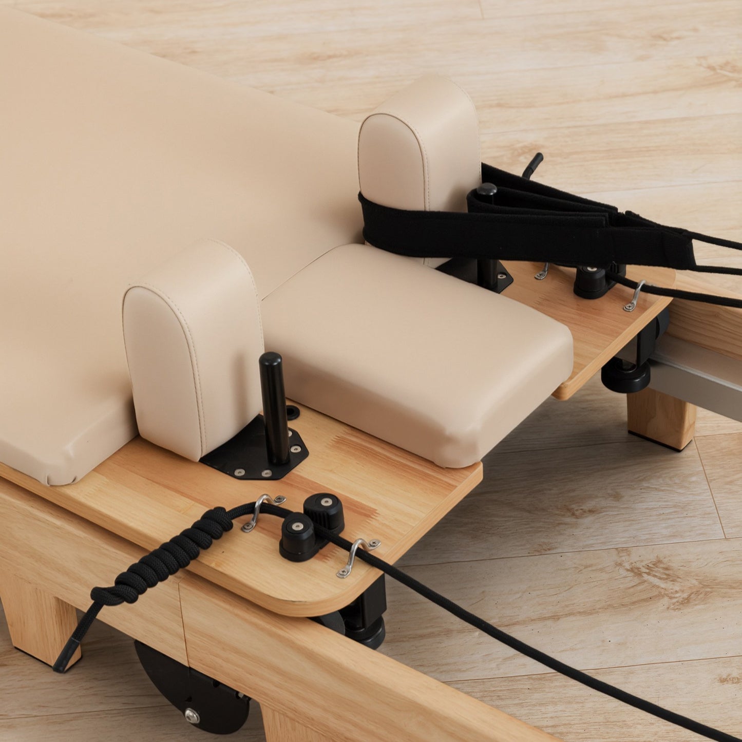 Powertrain Fitness Selina Folding Wooden Pilates Reformer in Beige with Jumpboard & Sitting Box Oak Home Gym Equipment