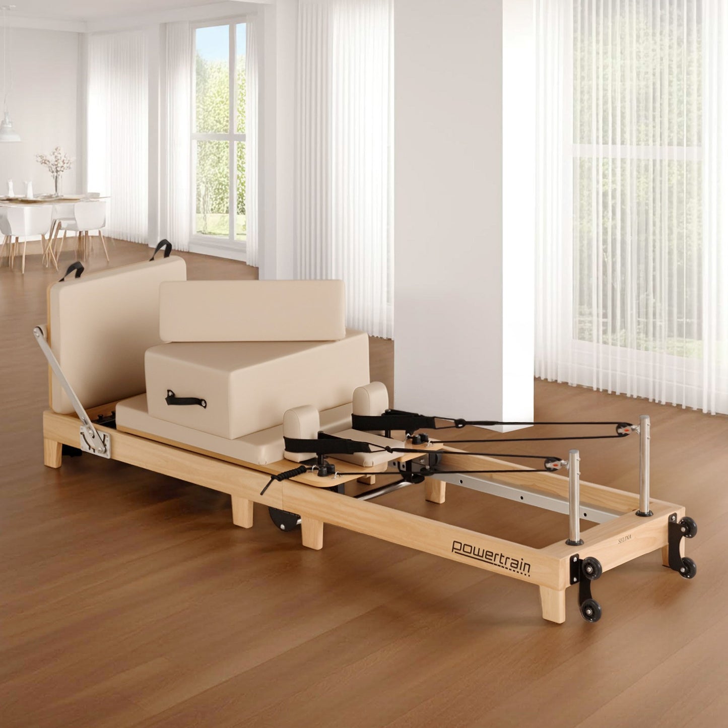 Powertrain Fitness Selina Folding Wooden Pilates Reformer in Beige with Jumpboard & Sitting Box Oak Home Gym Equipment