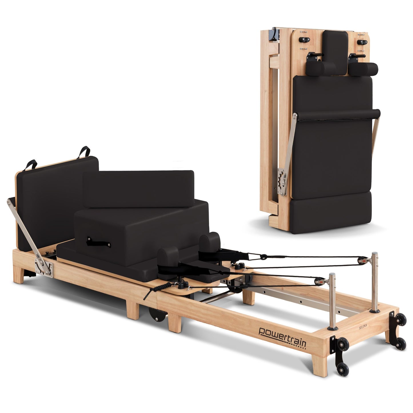 Powertrain Fitness Selina Folding Wooden Pilates Reformer in Black with Jumpboard & Sitting Box Oak Home Gym Equipment
