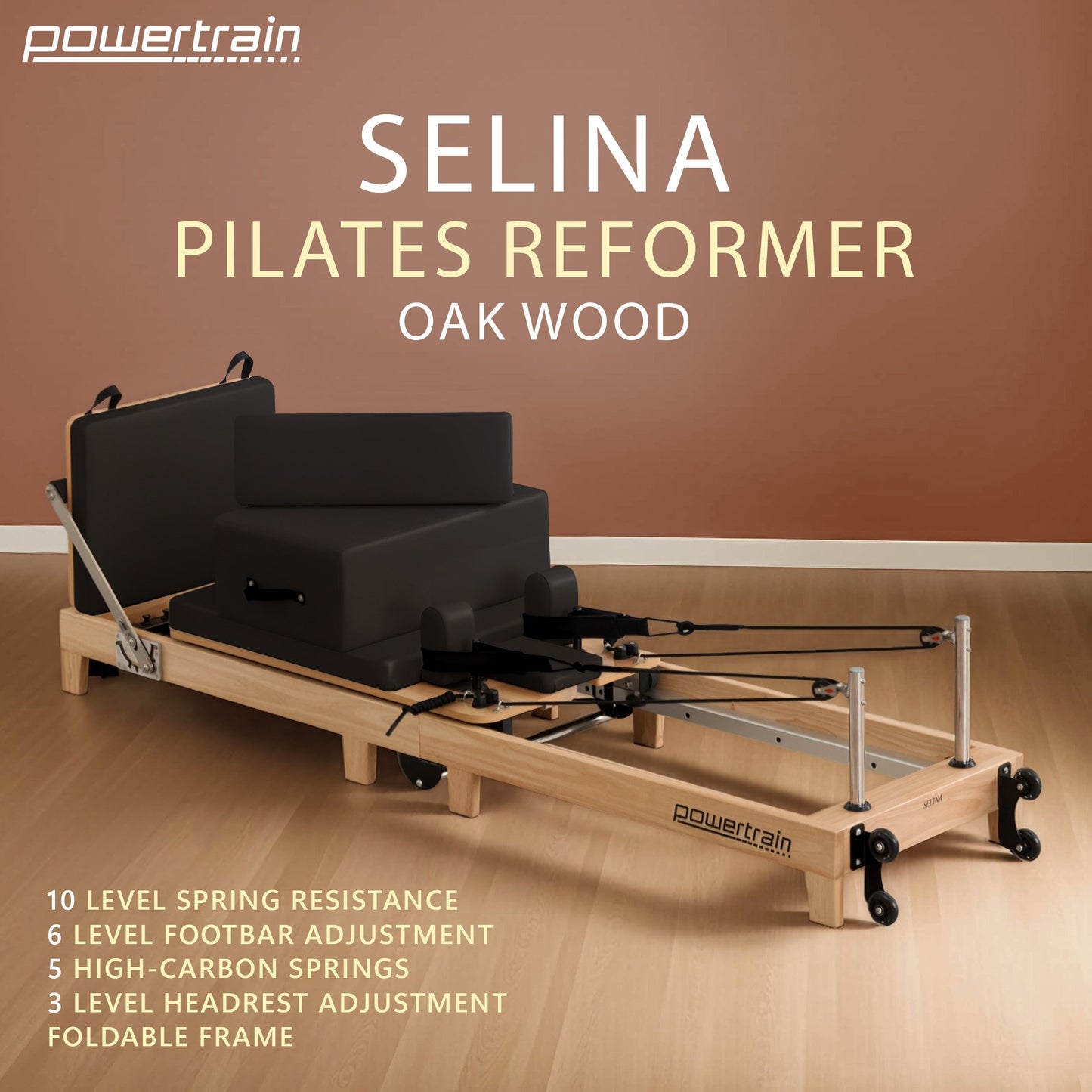 Powertrain Fitness Selina Folding Wooden Pilates Reformer in Black with Jumpboard & Sitting Box Oak Home Gym Equipment