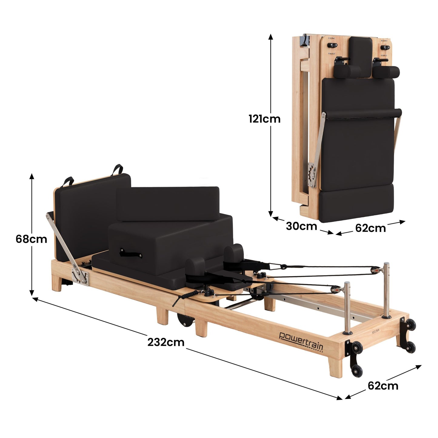 Powertrain Fitness Selina Folding Wooden Pilates Reformer in Black with Jumpboard & Sitting Box Oak Home Gym Equipment