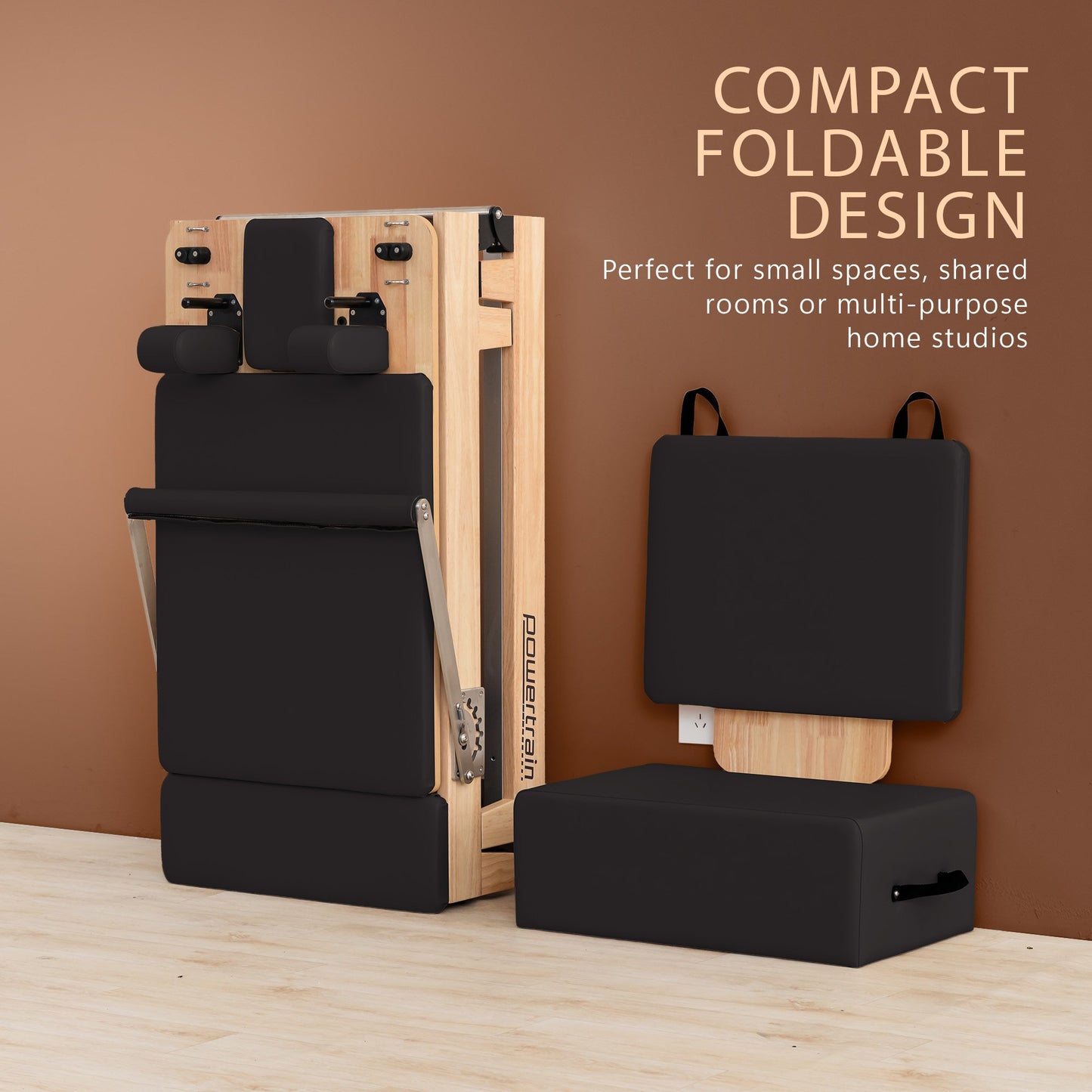 Powertrain Fitness Selina Folding Wooden Pilates Reformer in Black with Jumpboard & Sitting Box Oak Home Gym Equipment