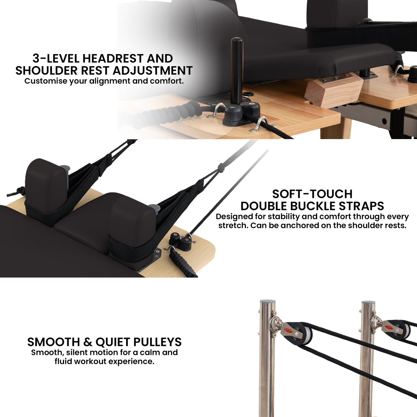 Powertrain Fitness Selina Folding Wooden Pilates Reformer in Black with Jumpboard & Sitting Box Oak Home Gym Equipment