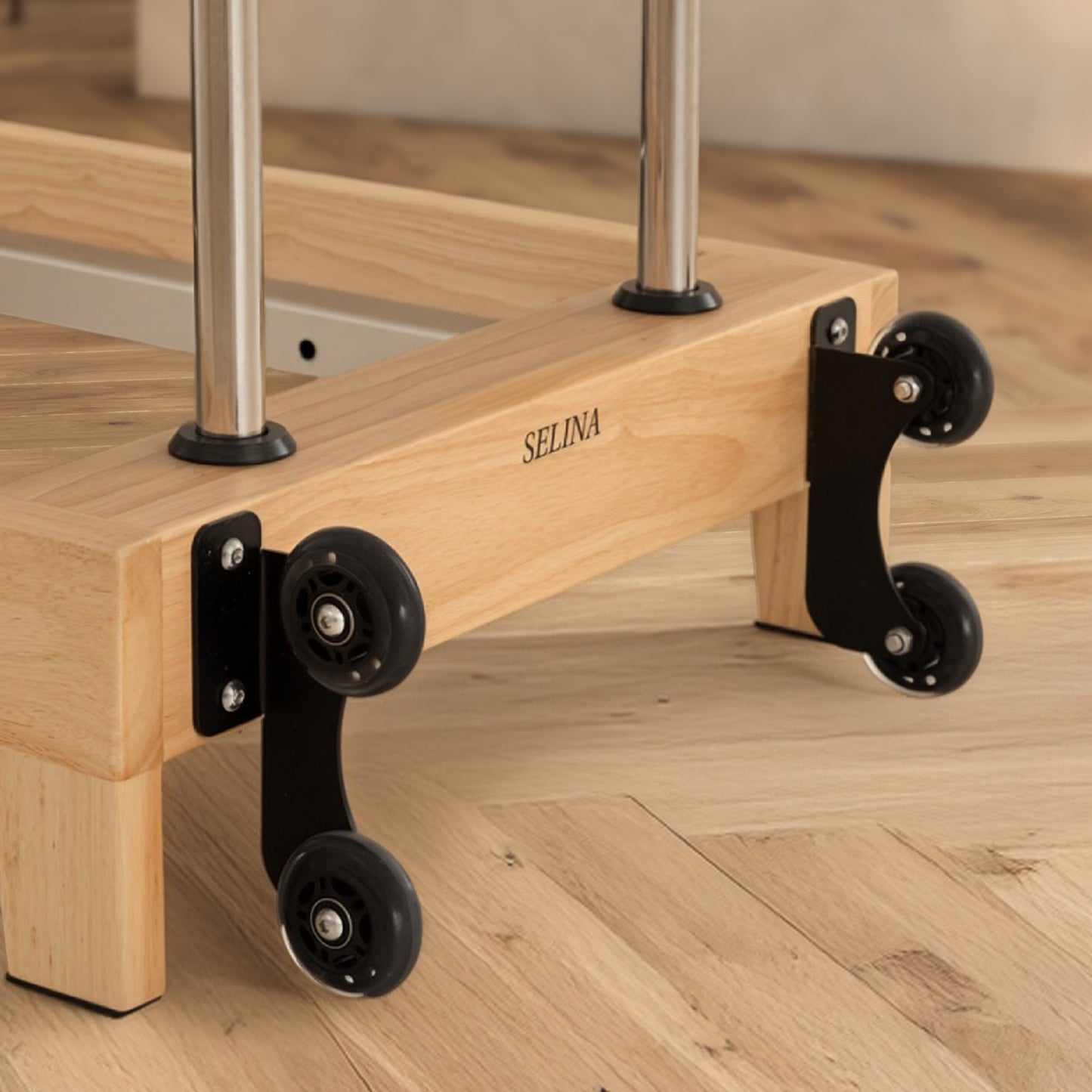 Powertrain Fitness Selina Folding Wooden Pilates Reformer in Black with Jumpboard & Sitting Box Oak Home Gym Equipment