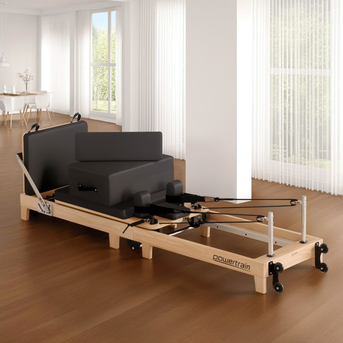 Powertrain Fitness Selina Folding Wooden Pilates Reformer in Black with Jumpboard & Sitting Box Oak Home Gym Equipment