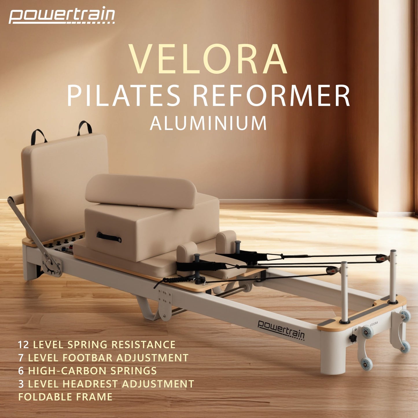 Powertrain Velora Pilates Reformer Machine Aluminium Foldable Multifunctional Home Gym Equipment Exercise Trainer Beige