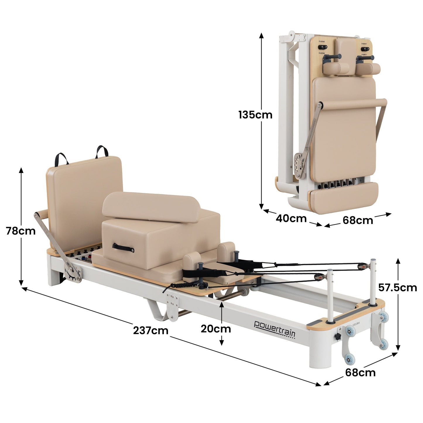 Powertrain Velora Pilates Reformer Machine Aluminium Foldable Multifunctional Home Gym Equipment Exercise Trainer Beige