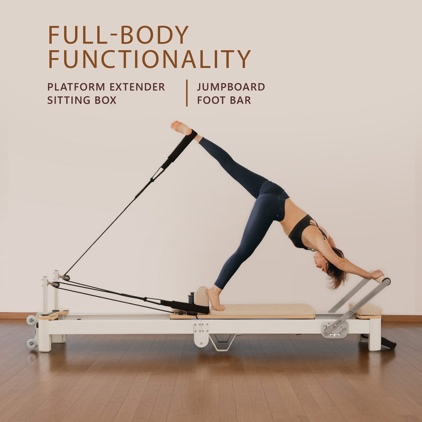 Powertrain Velora Pilates Reformer Machine Aluminium Foldable Multifunctional Home Gym Equipment Exercise Trainer Beige