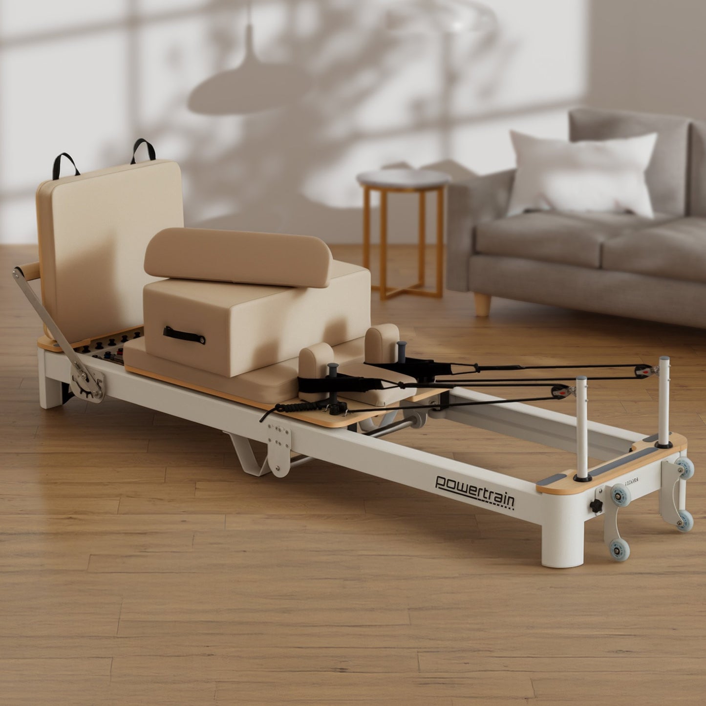 Powertrain Velora Pilates Reformer Machine Aluminium Foldable Multifunctional Home Gym Equipment Exercise Trainer Beige