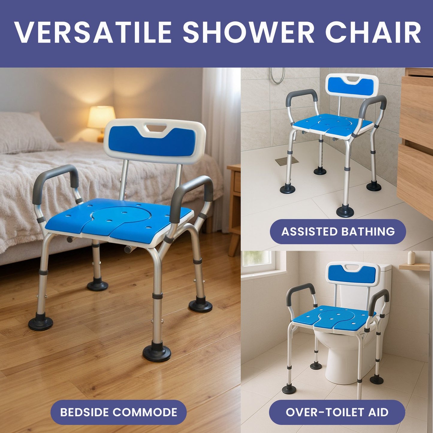 Orthonica Height-Adjustable Aluminium Commode Shower Chair with Armrests Backrest Armrests Soft Stool Seat Aid