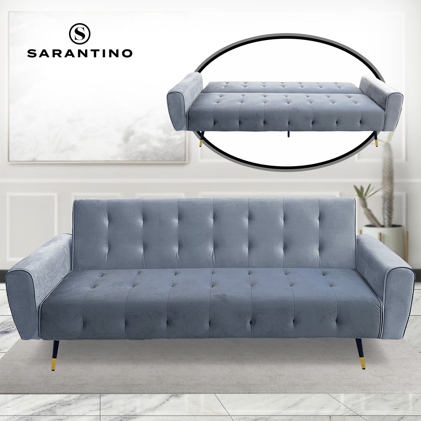 Ava Tufted Velvet Sofa Bed by Sarantino - Light Grey