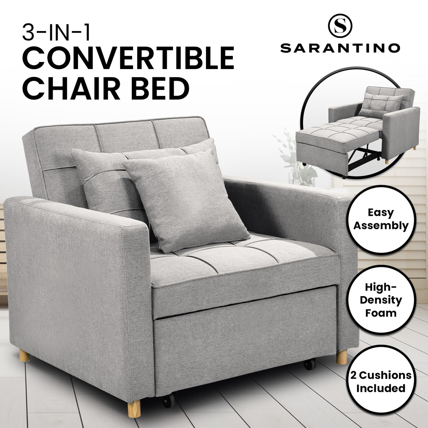 Suri 3-in-1 Convertible Sofa Chair Bed Lounger by Sarantino Light Grey