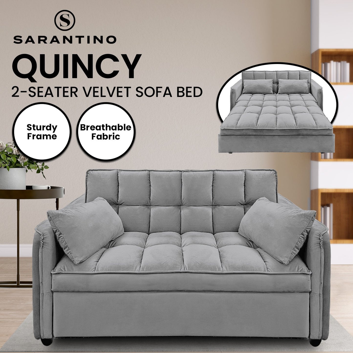 Sarantino Quincy Tufted 2-Seater Velvet Sofa Bed - Dark Grey