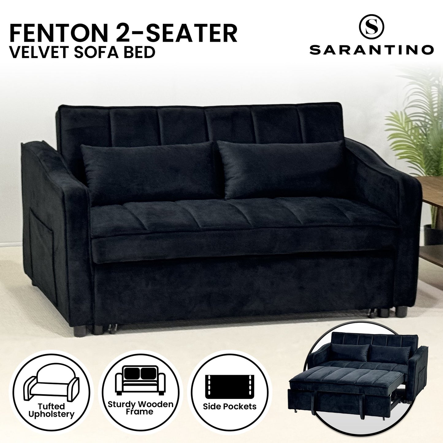 Sarantino Fenton 2-Seater Velvet Sofa Bed in Black