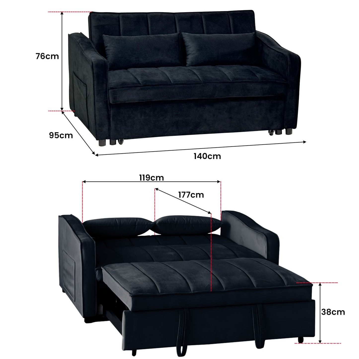 Sarantino Fenton 2-Seater Velvet Sofa Bed in Black