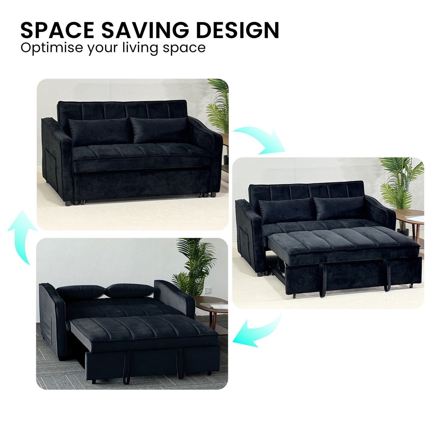 Sarantino Fenton 2-Seater Velvet Sofa Bed in Black