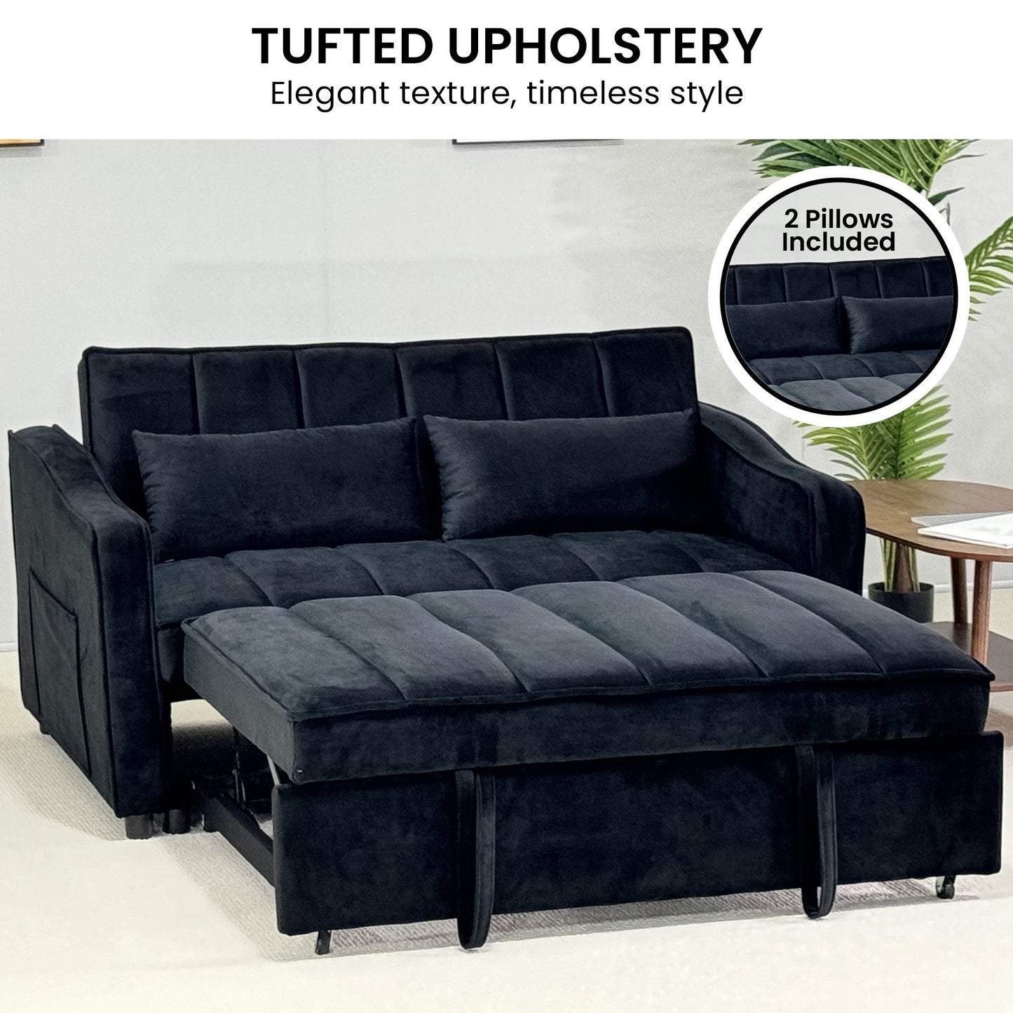Sarantino Fenton 2-Seater Velvet Sofa Bed in Black