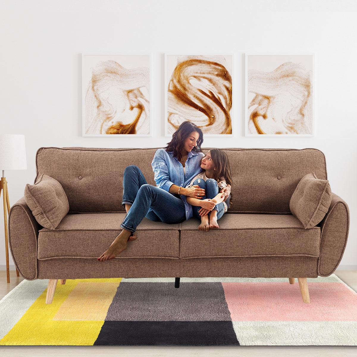 Sarantino 3 Seater Modular Linen Fabric Sofa Bed Couch Futon - Brown