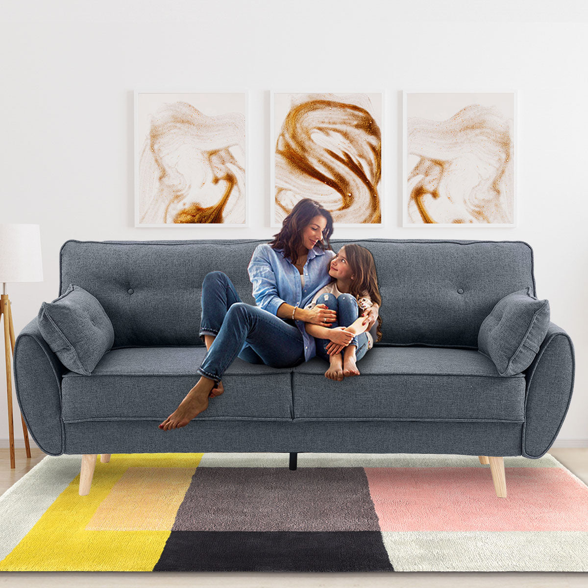 Sarantino 3 Seater Modular Linen Fabric Wood Sofa Bed Couch- Dark Grey