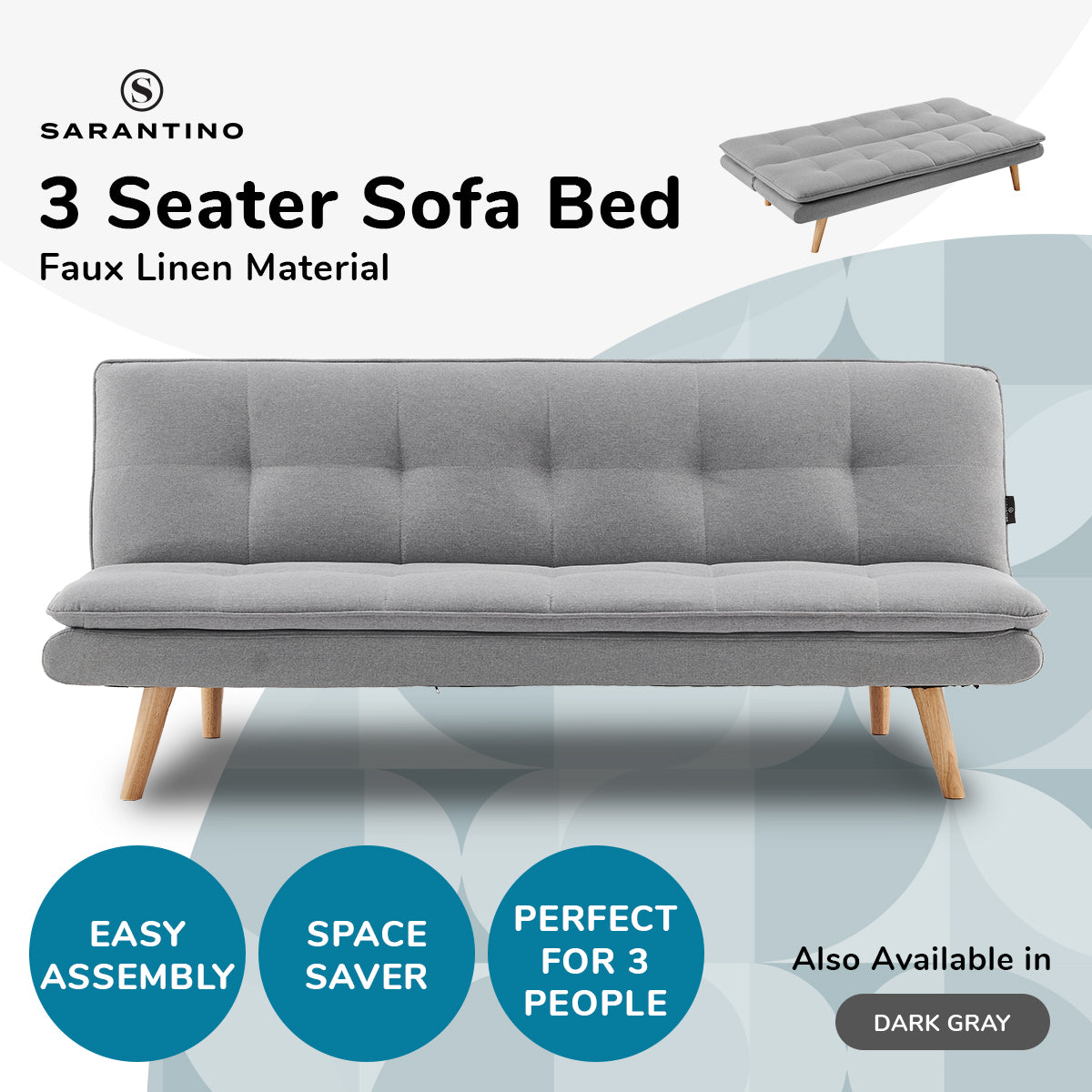 Sarantino 3 Seater Linen Couch Sofa Bed Lounge Futon - Light Grey