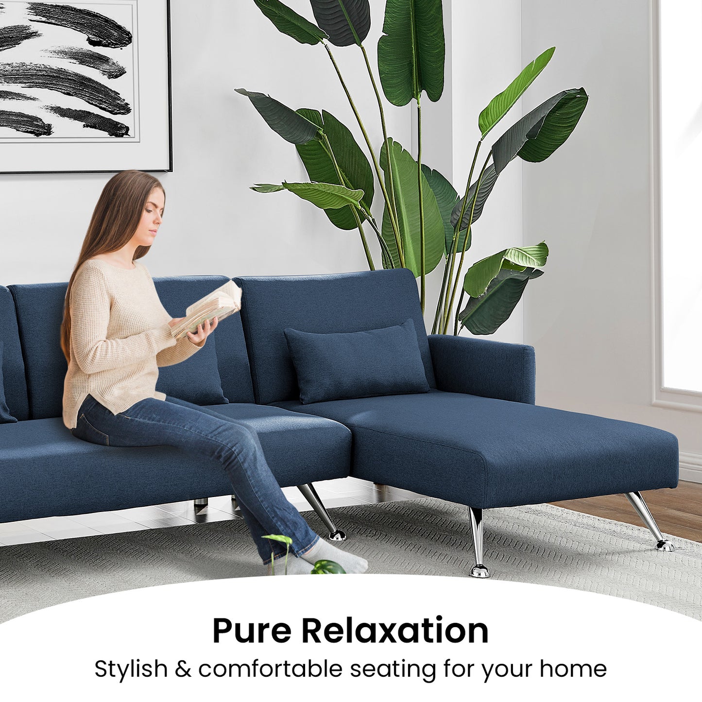 Mia 3-Seater Sofa Bed with Chaise & 3 Pillows by Sarantino - Blue