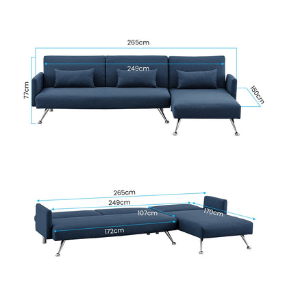 Mia 3-Seater Sofa Bed with Chaise & 3 Pillows by Sarantino - Blue