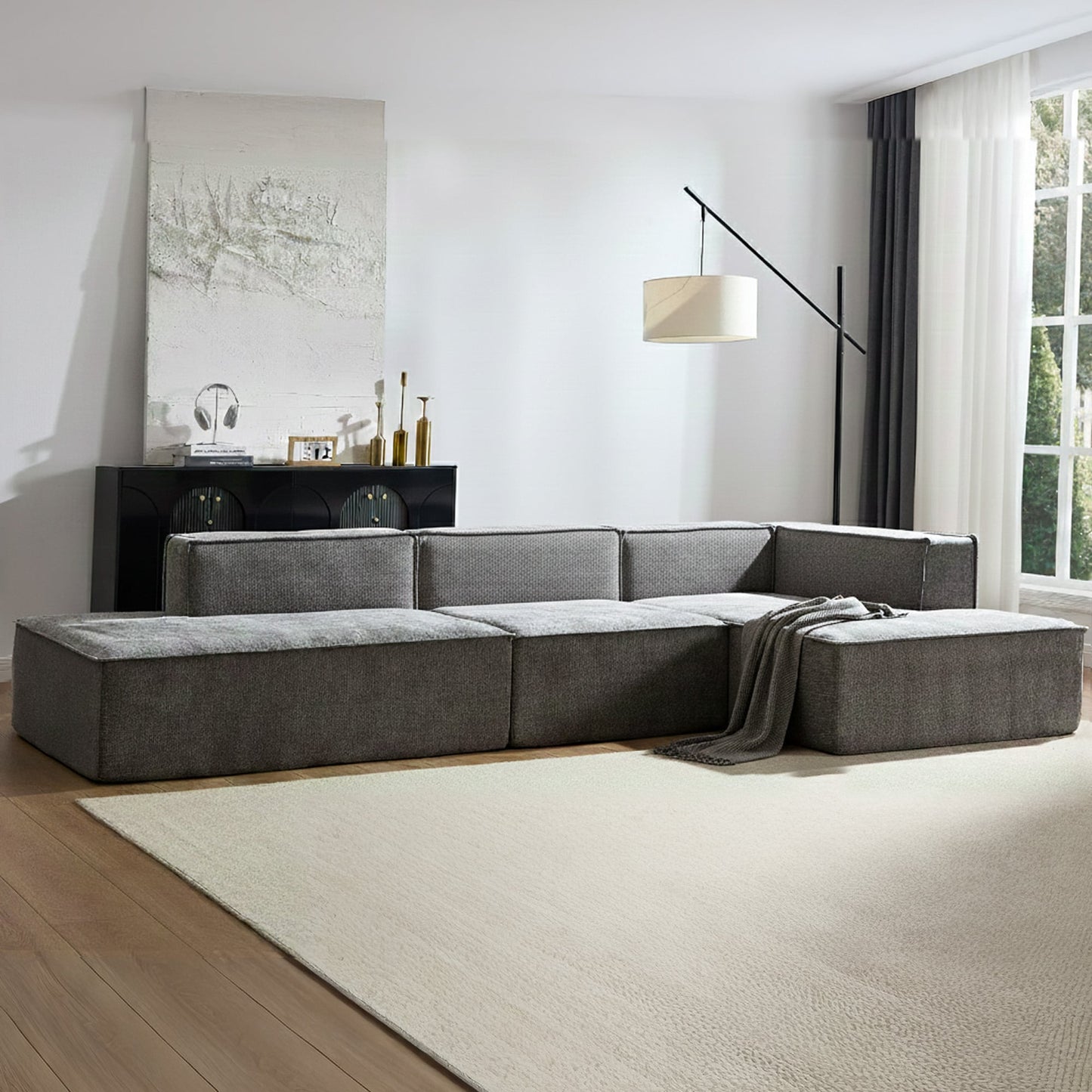 Sarantino Vani 3 Seater Modular Sofa Set Chaise High Density Foam Cushions Durable Fabric Upholstery Dark Grey