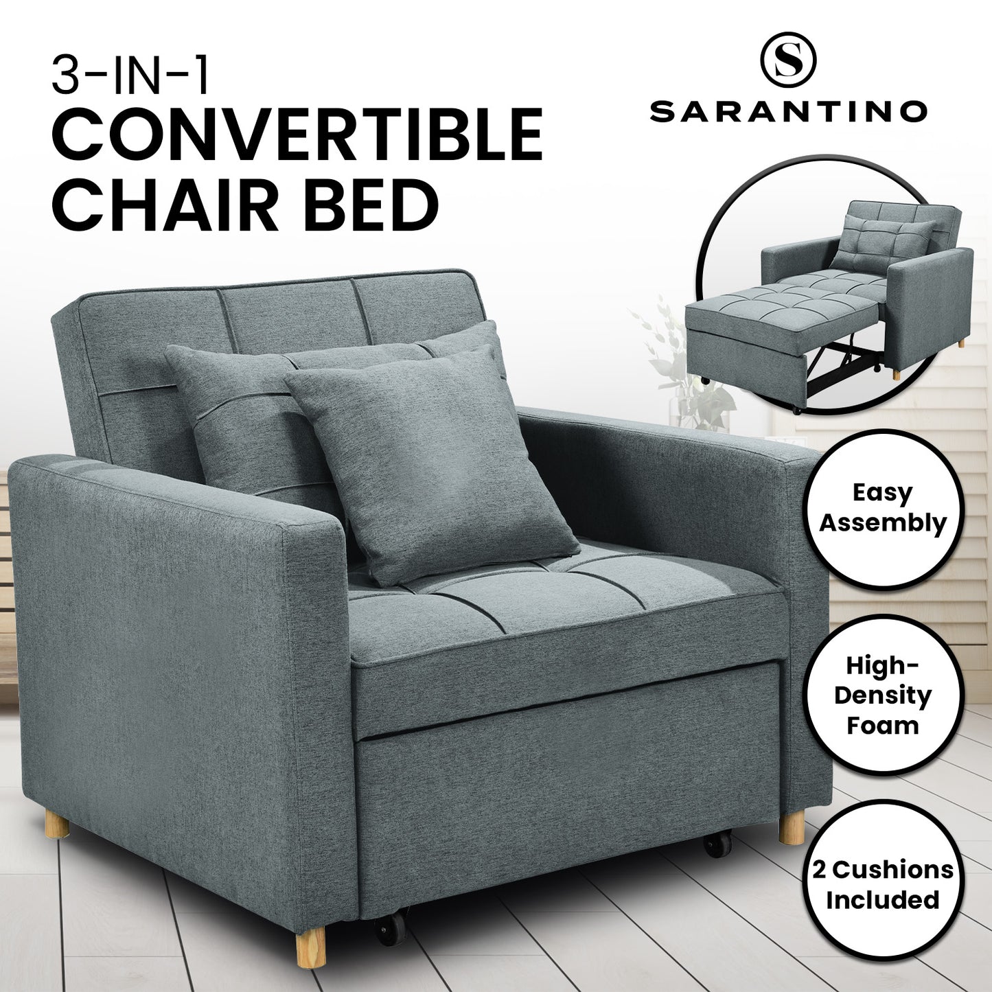 Suri 3-in-1 Convertible Sofa Chair Bed by Sarantino - Airforce Blue