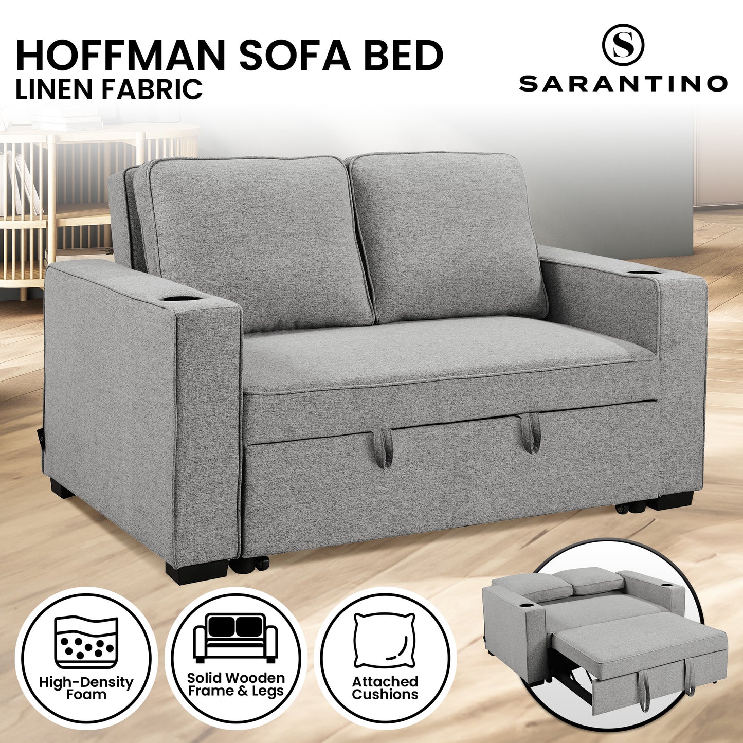 Sarantino Hoffman Linen Sofa Bed with Cushions and Cup Holders Light Grey