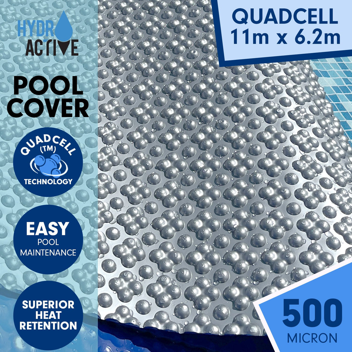 HydroActive Heavy Duty 11m x 6.2m Solar Swimming Pool Cover 500 Micron QuadCell Thermal Bubble Blanket Heat Retention
