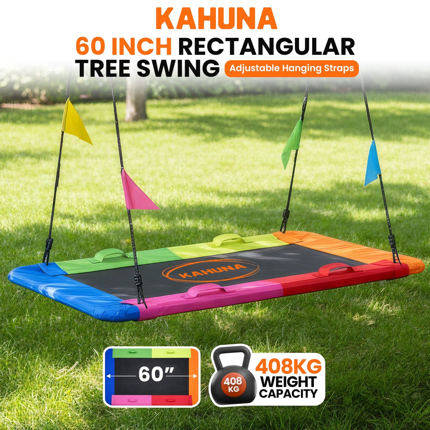 Kahuna Heavy Duty 60 Inch Rectangular Tree Swing with Adjustable Lifting Ropes Foam Padded Tubes and Full Accessory Kit