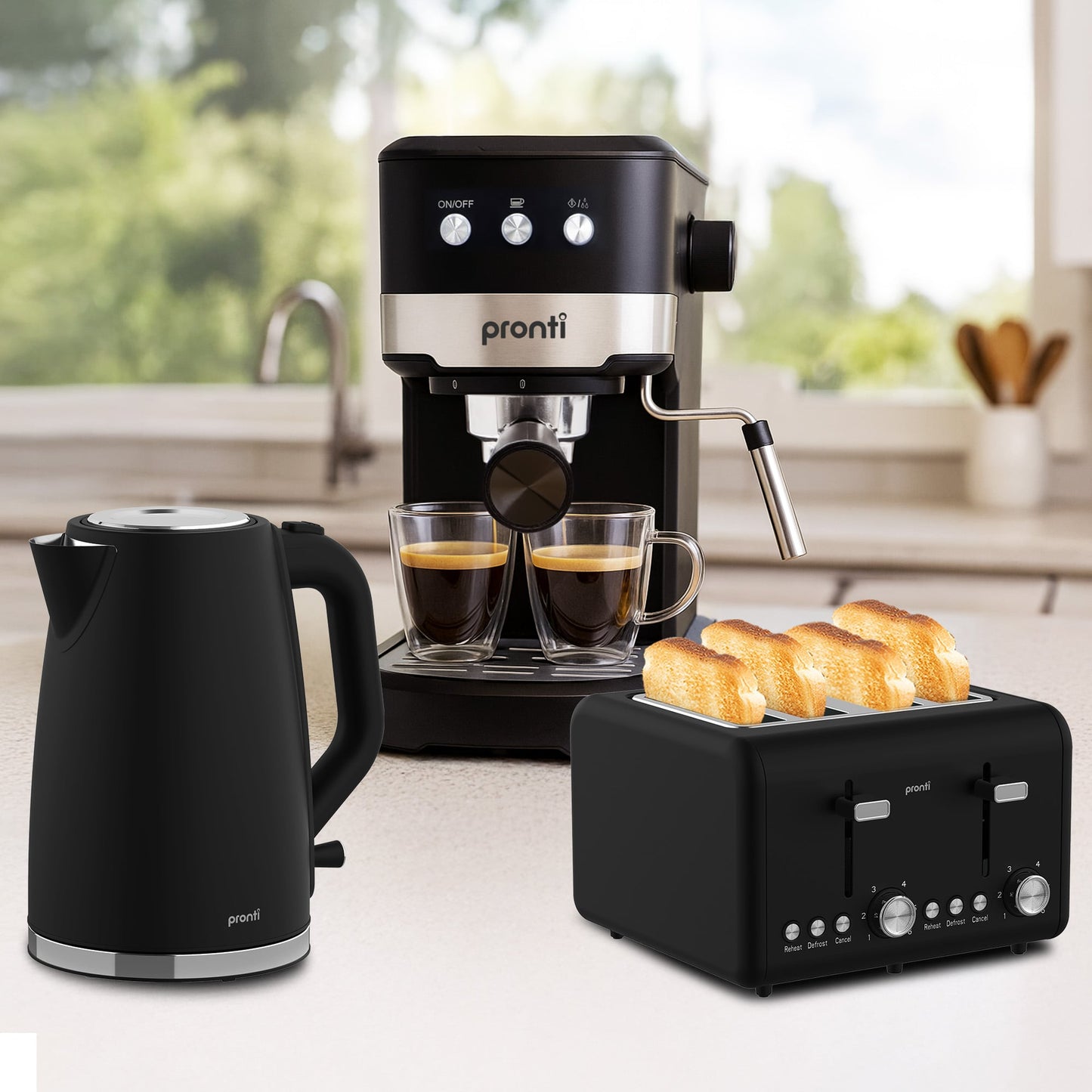 Pronti Breakfast Set with 1.25L Coffee Machine, Silver Noir Toaster & Kettle