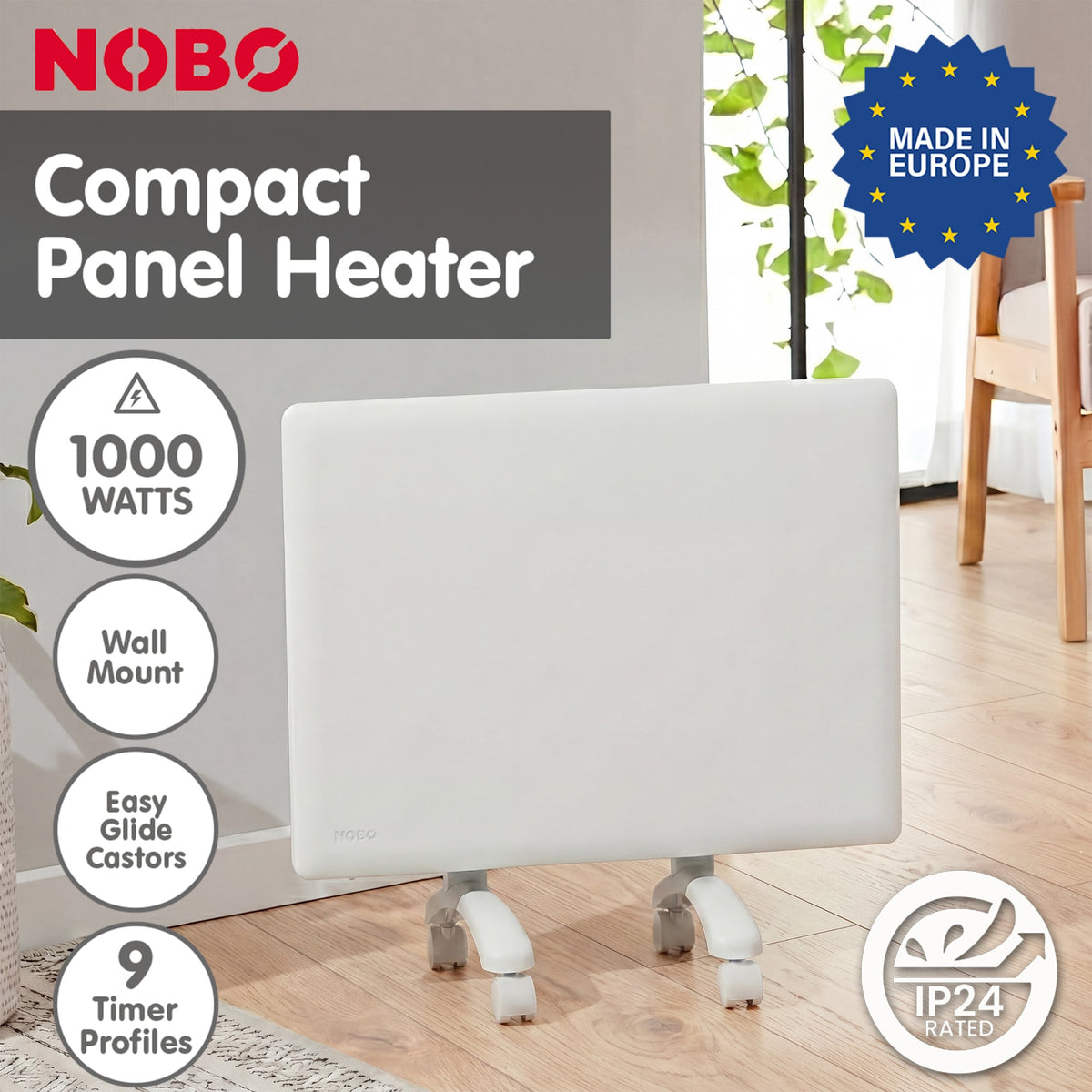 Nobo 1000W Compact Electric Panel Heater with Castors & Wall Mount - Refurbished
