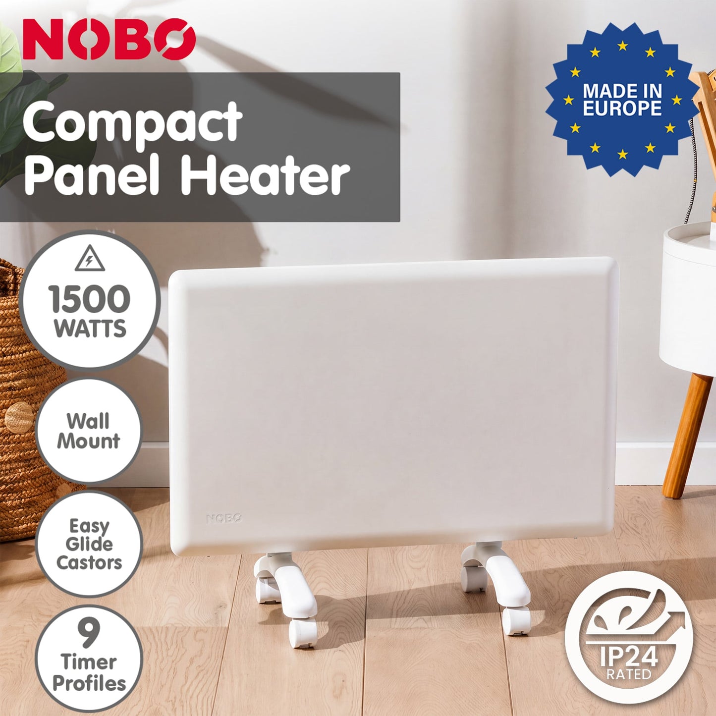 Nobo 1500W Compact Electric Panel Heater with Castors & Wall Mount - Refurbished