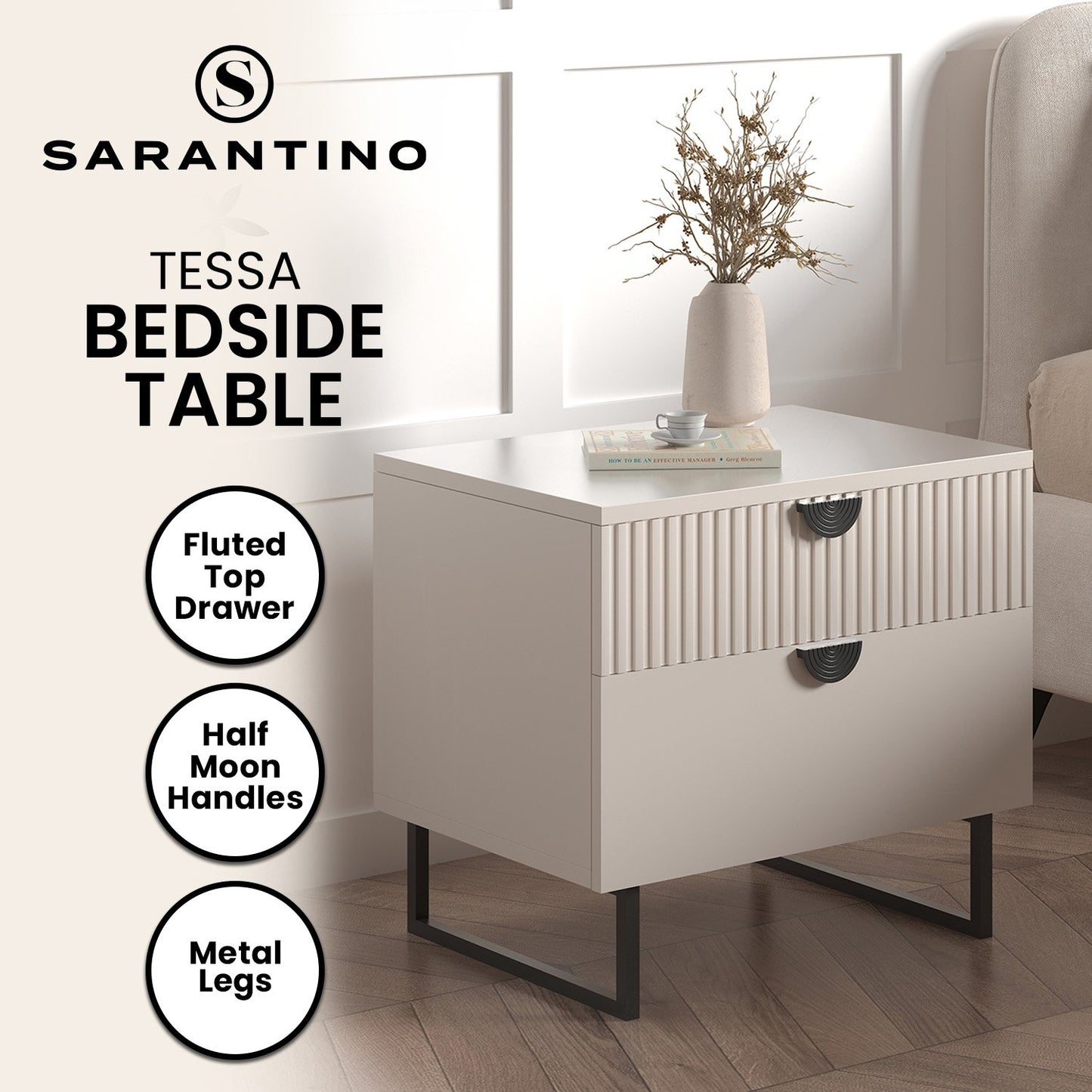 Sarantino Tessa Fluted 2-Drawer Bedside Table in Taupe