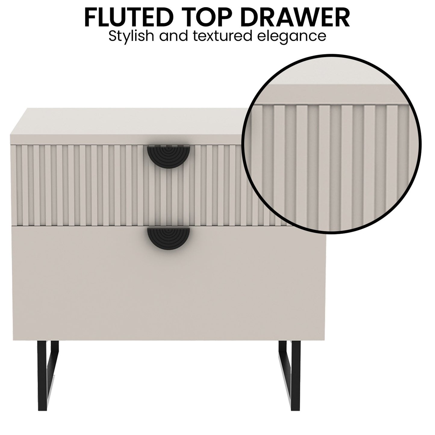 Sarantino Tessa Fluted 2-Drawer Bedside Table in Taupe