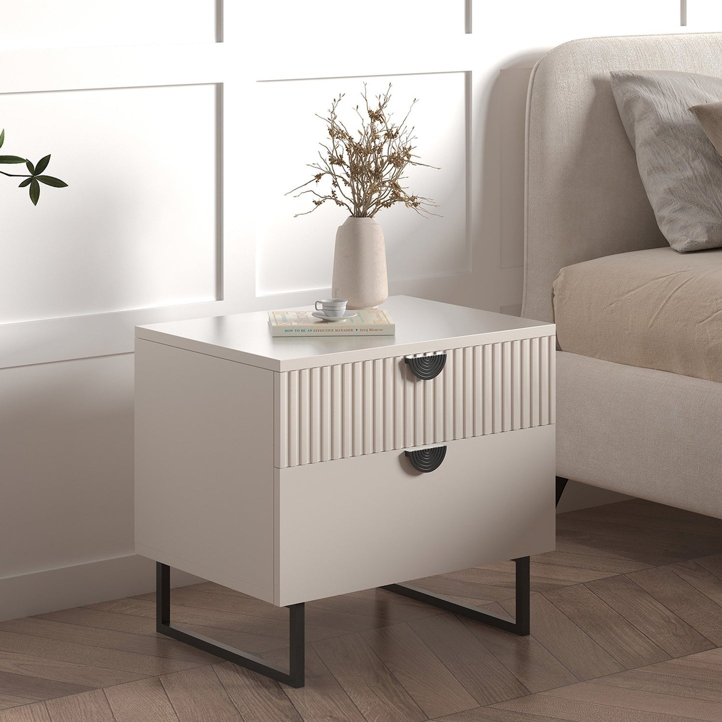 Sarantino Tessa Fluted 2-Drawer Bedside Table in Taupe