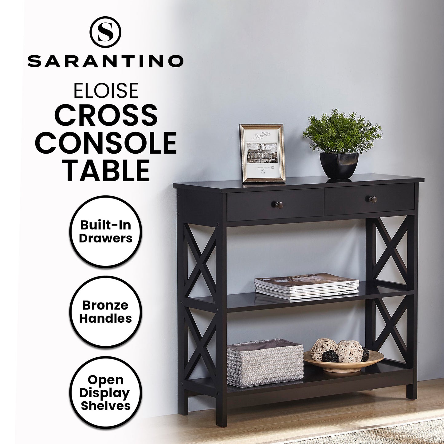 Sarantino Eloise Cross Console Table - Black