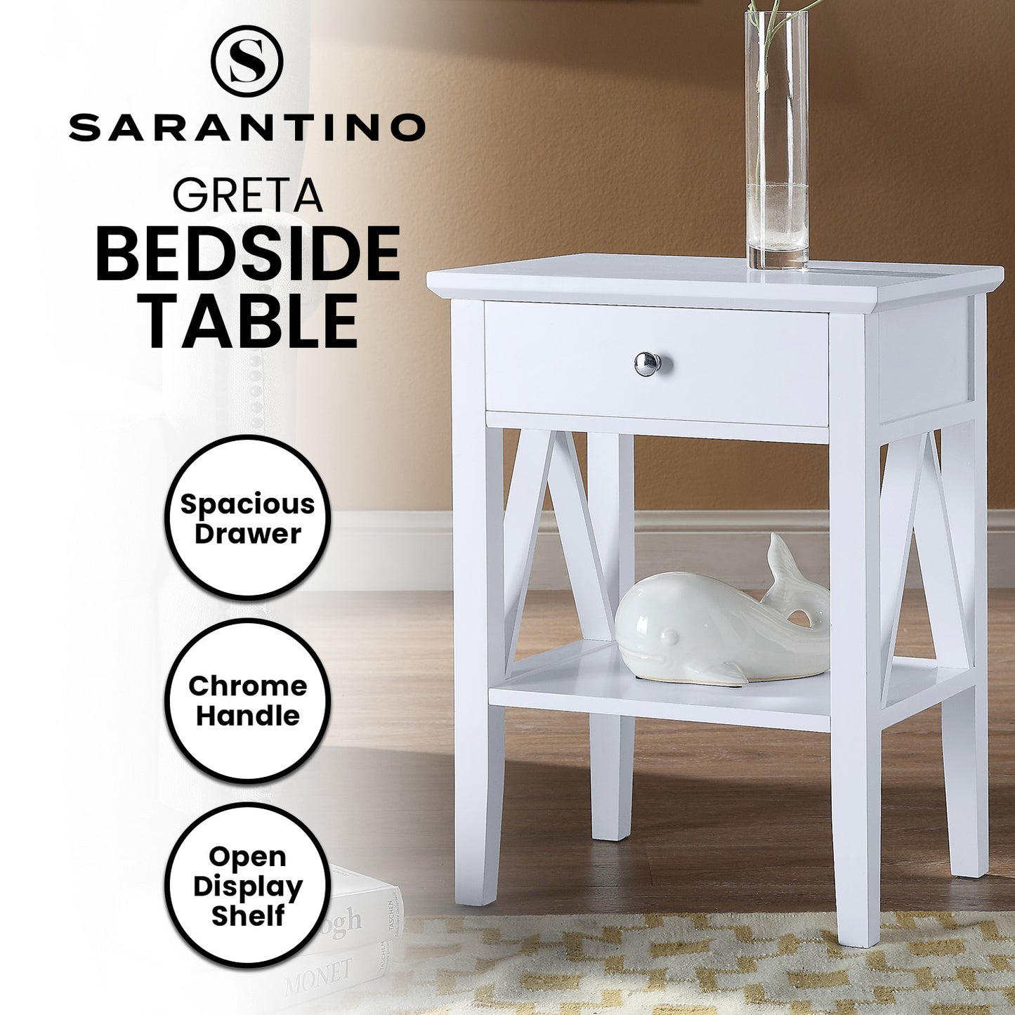 Sarantino Greta Bedside Table with Drawer - White