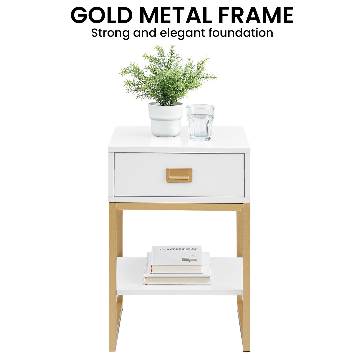 Sarantino Alessia Bedside Table - White/Gold