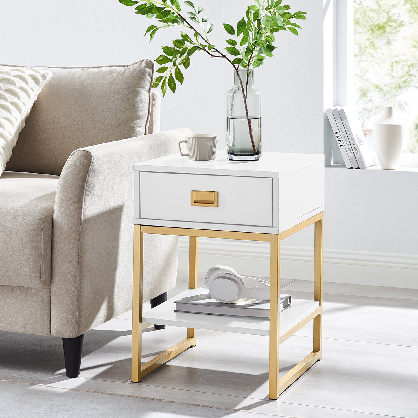 Sarantino Alessia Bedside Table - White/Gold