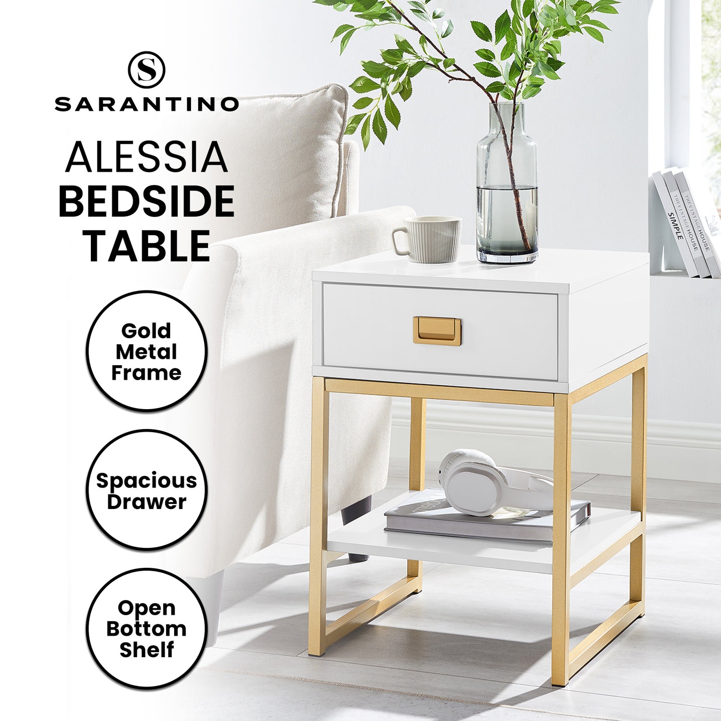 Sarantino Alessia Bedside Table - White/Gold