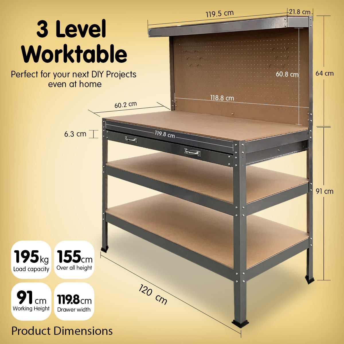 3-Layered Work Bench Garage Storage Table Tool Shop Shelf Silver