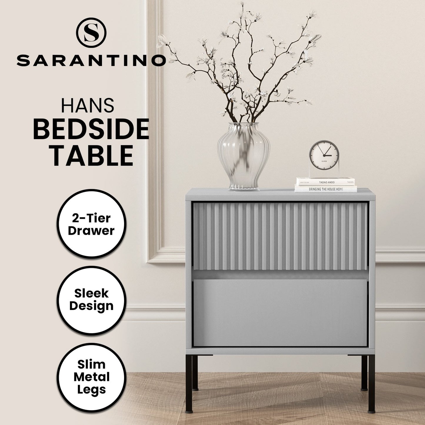 Sarantino Hans Fluted 2-Drawer Bedside Table in Grey