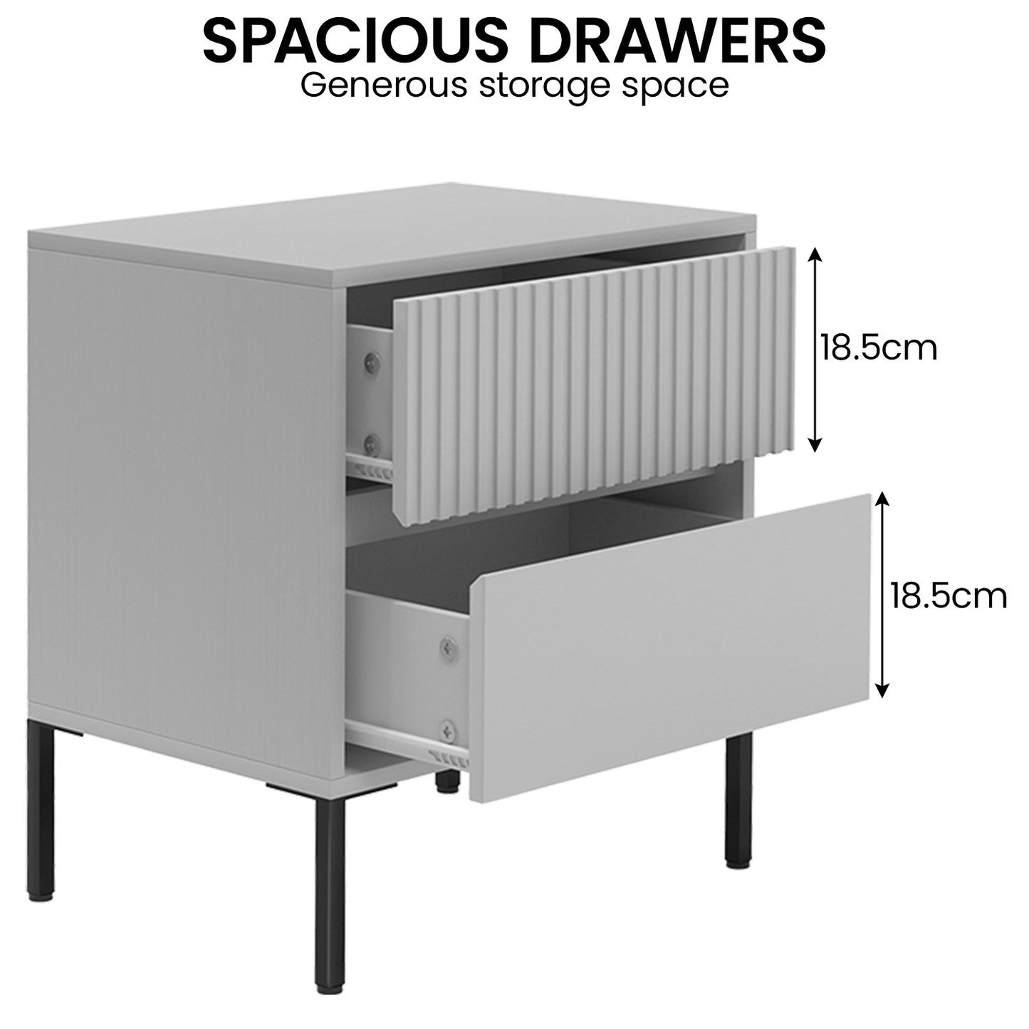 Sarantino Hans Fluted 2-Drawer Bedside Table in Grey